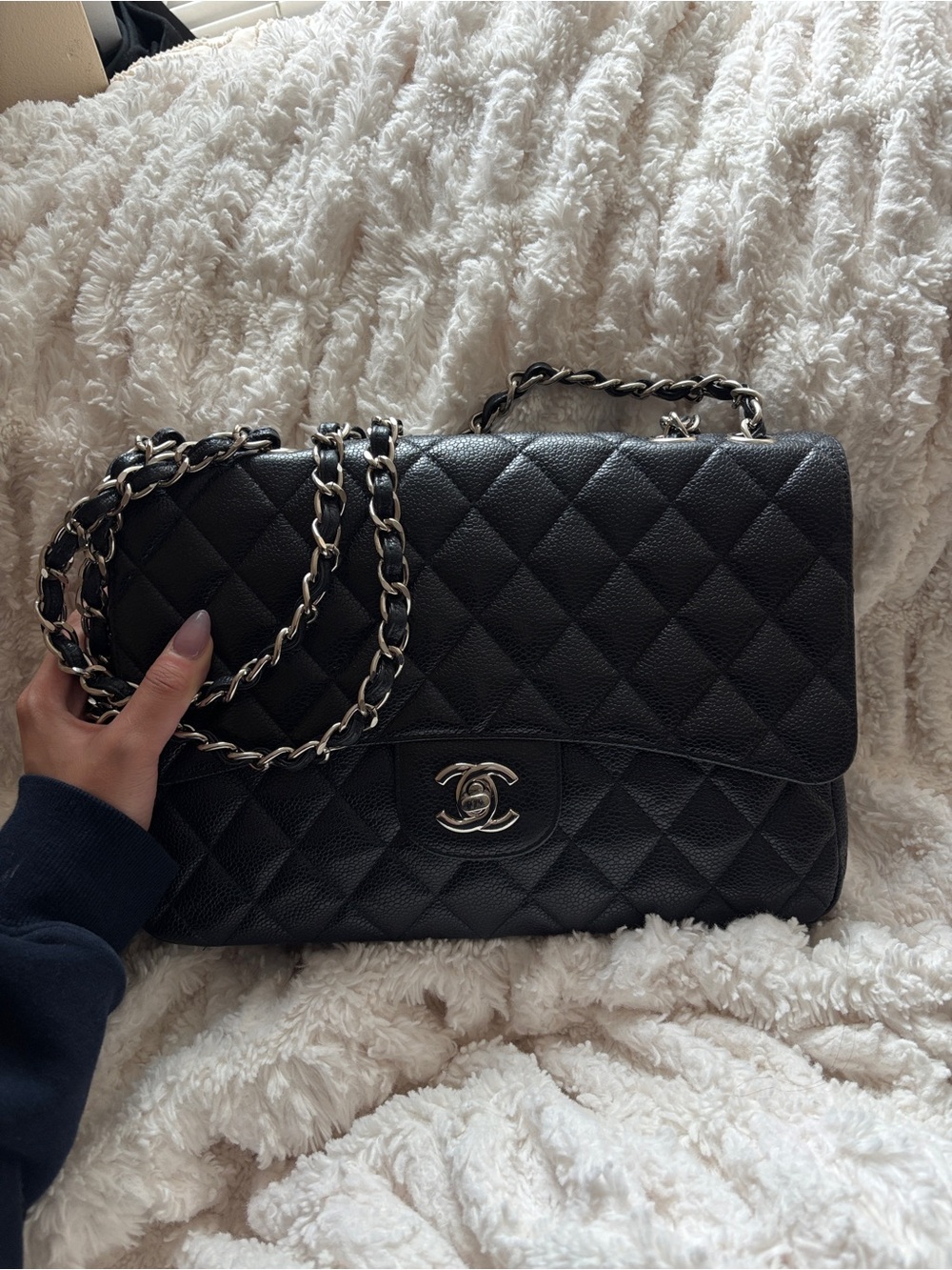 CHANEL Black Quilted Leather Flap Shoulder Bag with Silver Hardware